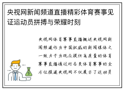 央视网新闻频道直播精彩体育赛事见证运动员拼搏与荣耀时刻